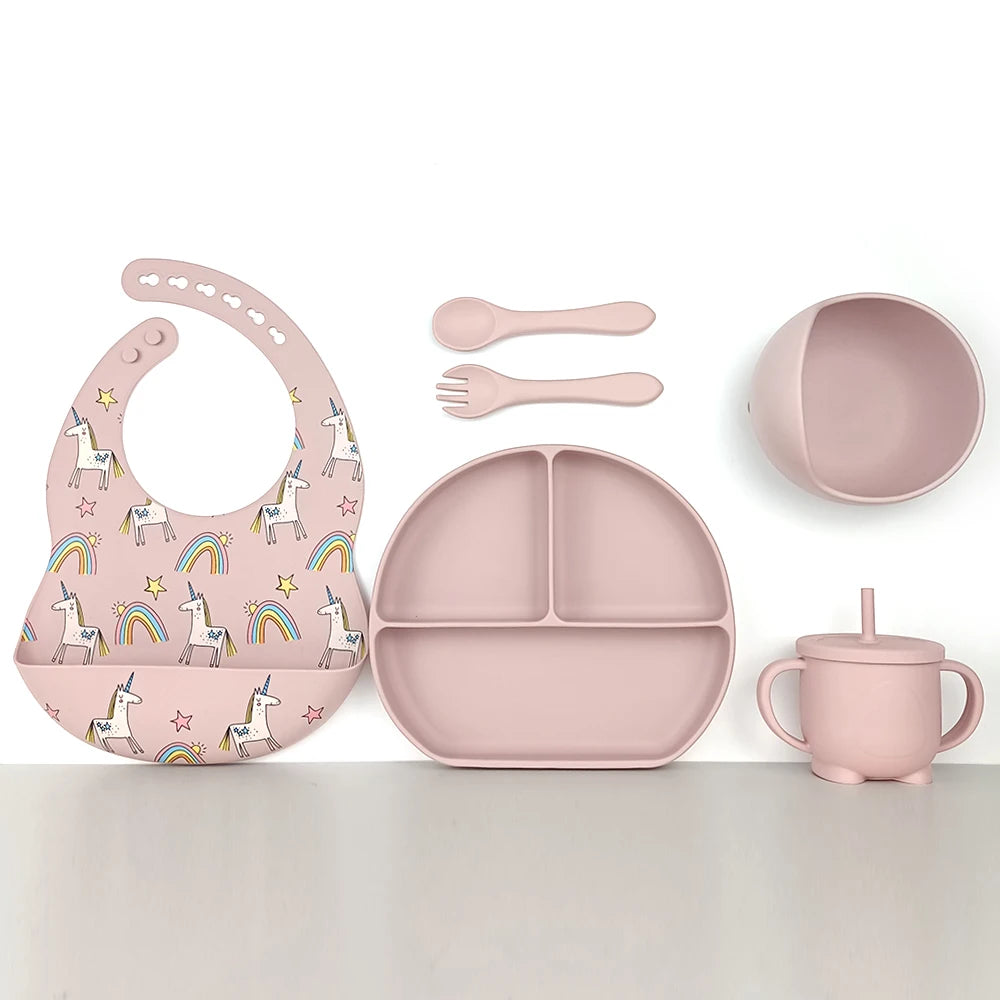 8pc Bebe Silicone Feeding Set Toddler Weaning Set Suction Bottom Infant Dining Tableware