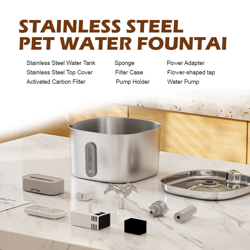 3.2L 304 Stainless Steel Automatic Cat Water Fountain Dog Dispenser Ultra Quiet Silent