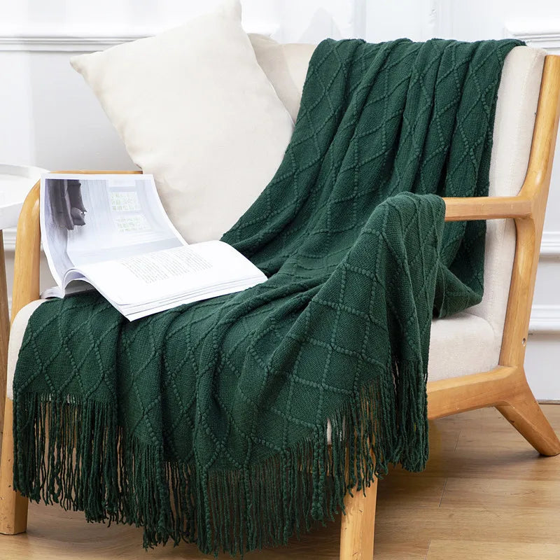 Chunky Knitted Blanket Sofa Throw Blanket With Tassels Weighted Blanket for Winter