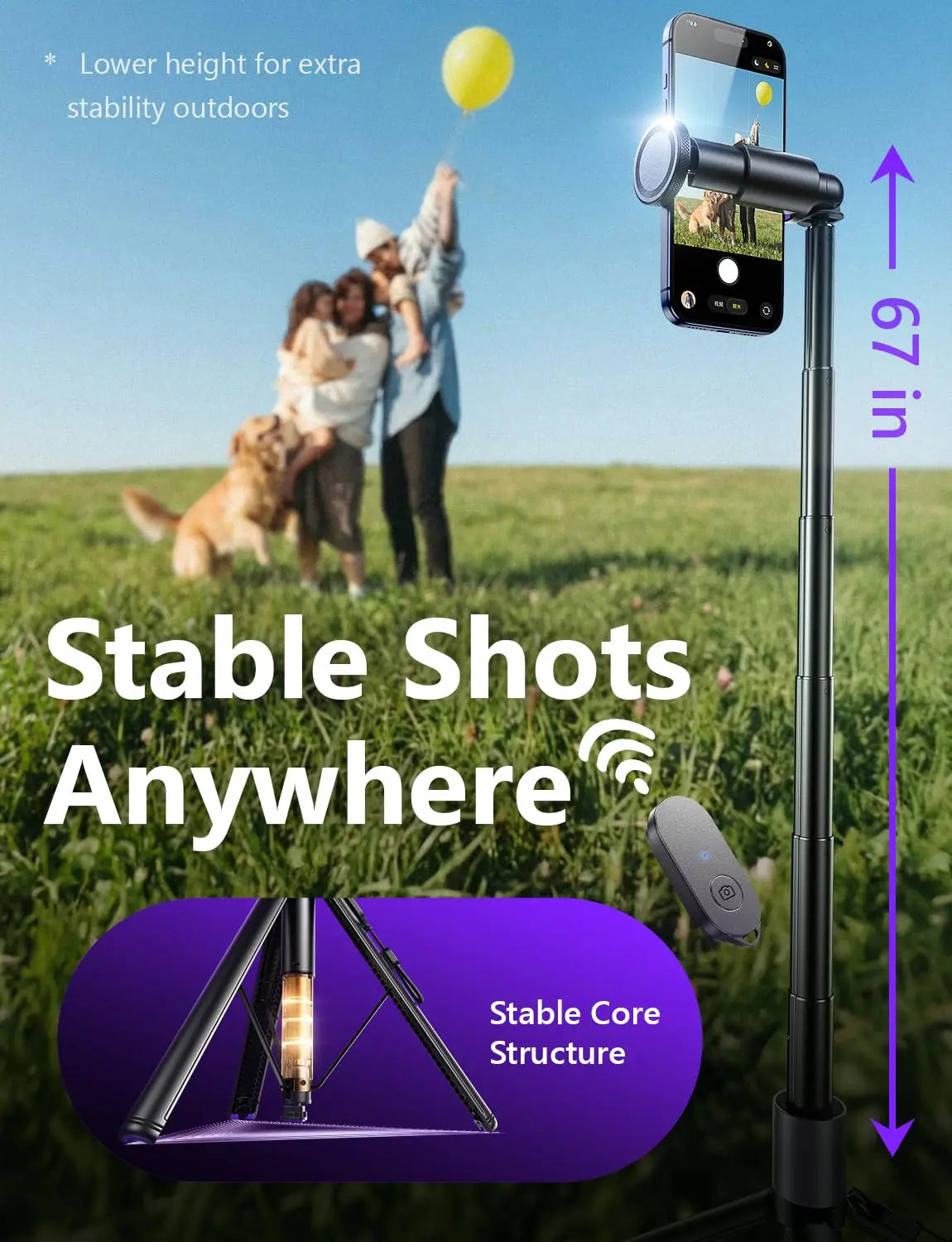 New 67" Selfie Stick Tripod Auto-Opening Cell Phone Stand Foldable Tripod for Video