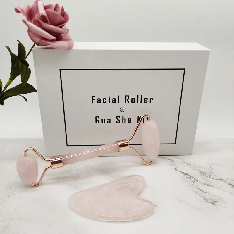 Jade Roller and Gua Sha Kit for Facial Massage, Pink or Green Stone