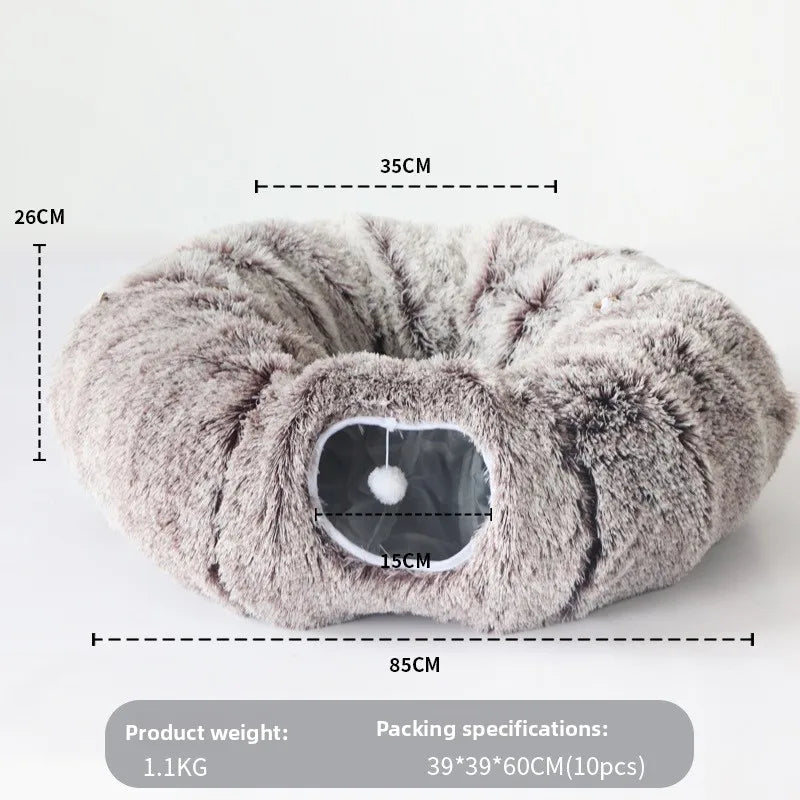 Donut Tunnel Pet Bed for Cats & Small Dogs, 2-in-1 Hideout & Nest, Plush Calming Bed
