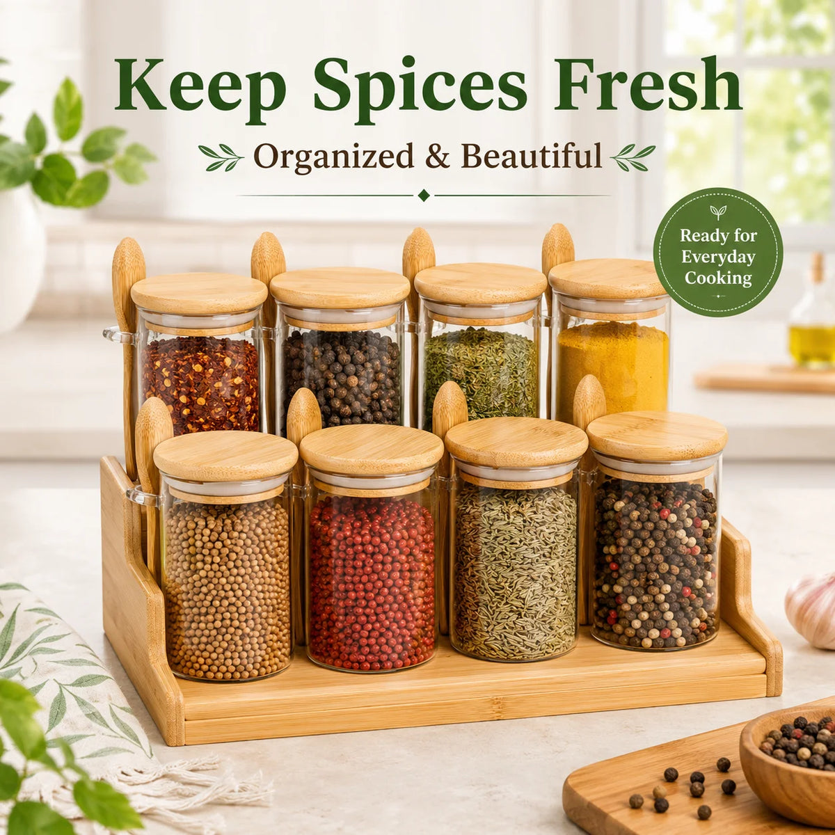 8 Piece Glass Spice Jar Set with Bamboo Lids Spoons and 2 Tier Organizer Rack for Kitchen