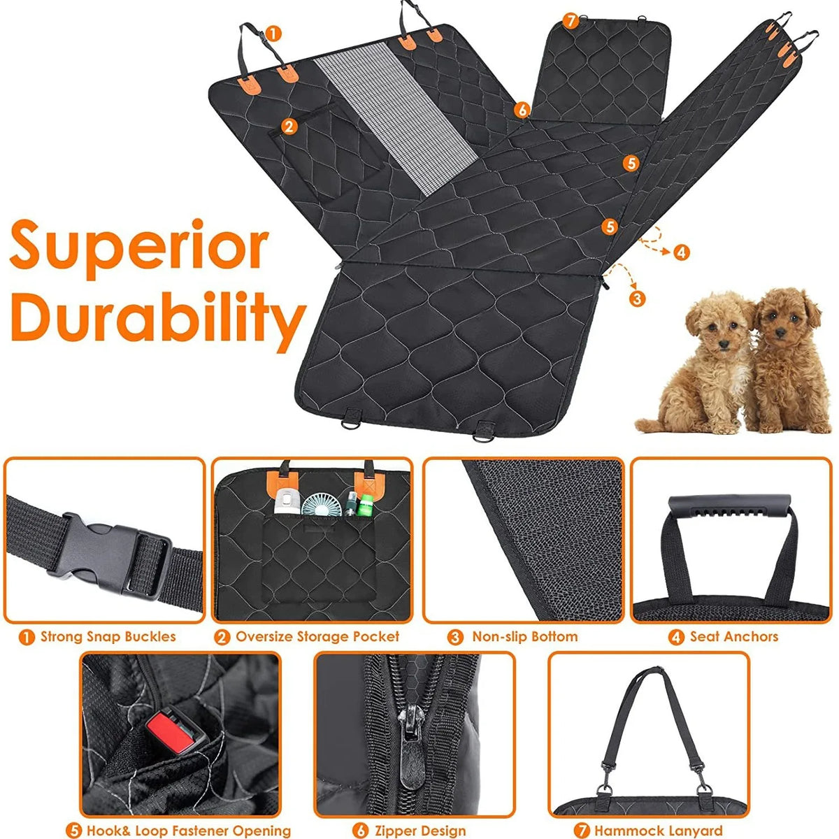 Diamond Quilted Waterproof Dog Car Seat Cover Hammock Kit With Seatbelt Tether Storage