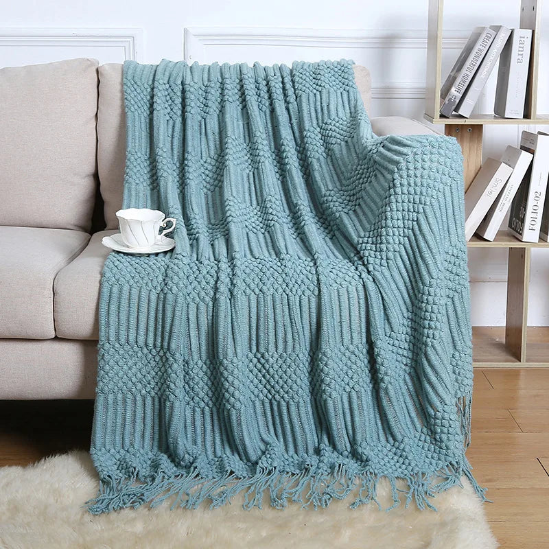 Chunky Knitted Blanket Sofa Throw Blanket With Tassels Weighted Blanket for Winter