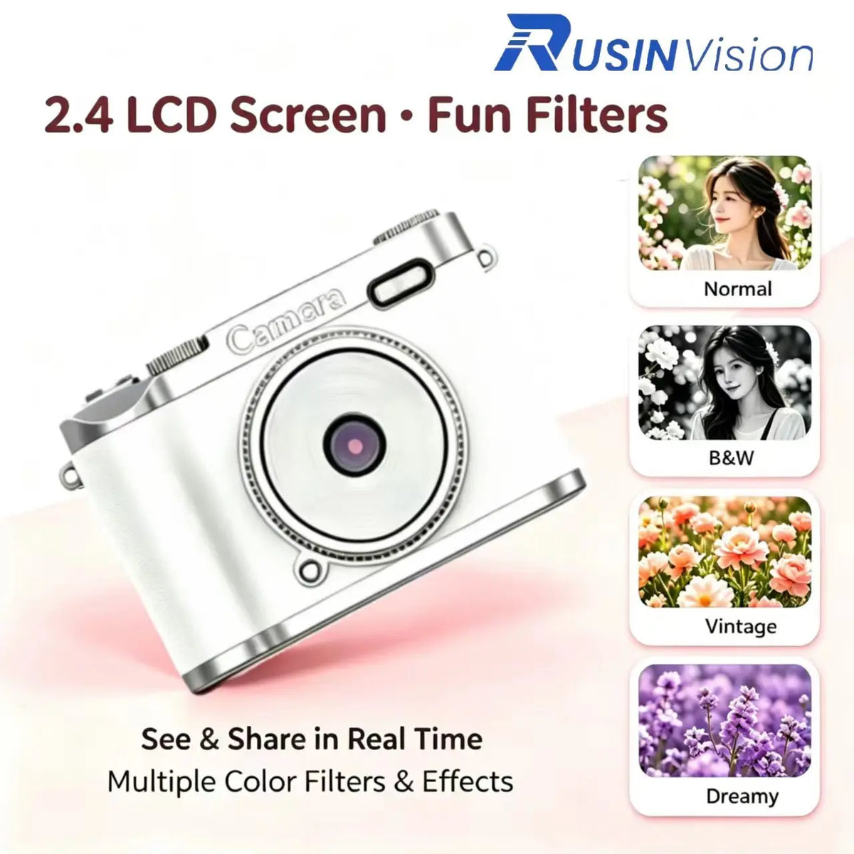 RusinVision HT-SR02 Retro Kids Digital Camera 68MP Dual Lens 1080P 16X Zoom 2.4 LCD
