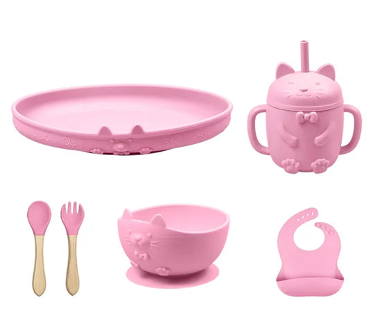 Food Grade Silicone Baby Feeding Set With Cup Bowl Plate Bib Spoon and Fork Easy Clean