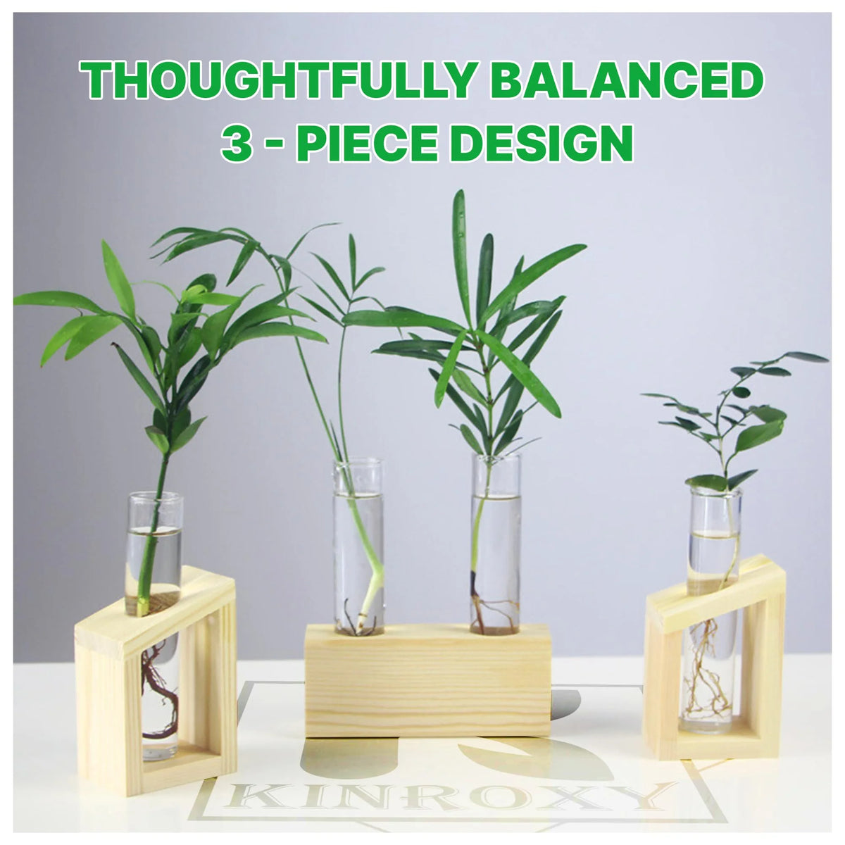 Plant Propagation Station 3-Piece Wooden Stand with 4 Glass Test Tubes Terrarium Vases