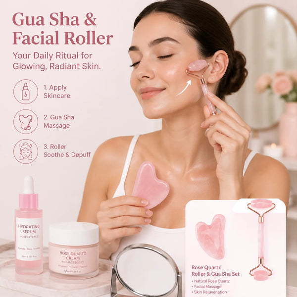 Deep Tissue Guasha Rose Quartz Gua Sha Stone Jade Roller Eye Mask Gift Set CE Certified