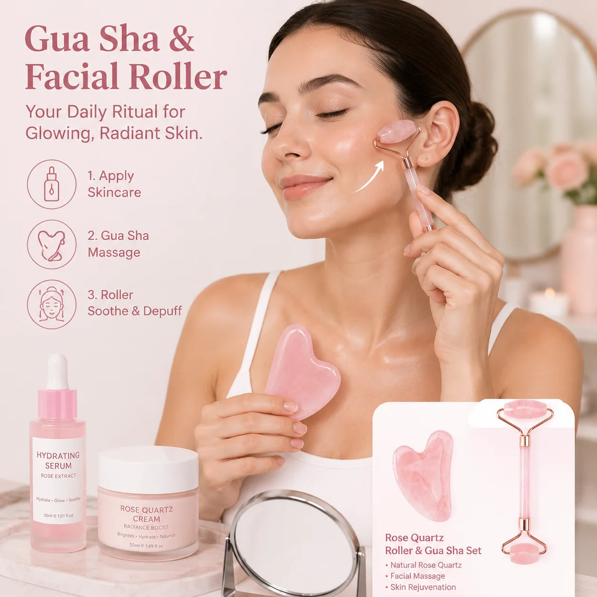 Deep Tissue Guasha Rose Quartz Gua Sha Stone Jade Roller Eye Mask Gift Set CE Certified