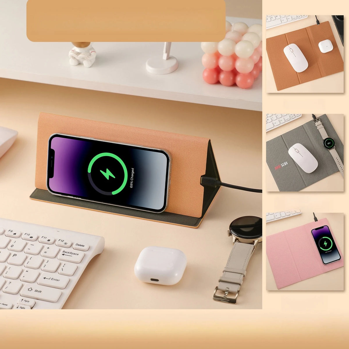 15W Fast Wireless Charging Mouse Pad, Small PU Leather Non-Slip Desk Mat with for Office