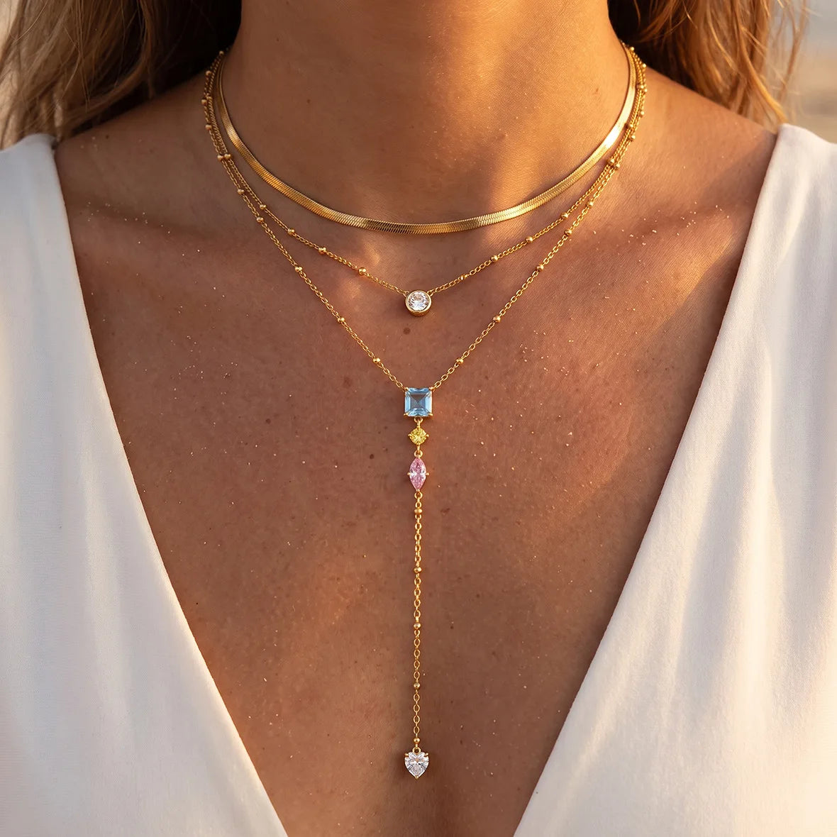 Stainless Steel Y-Drop Multicolor Crystal Pendant Necklace 18K Gold Plated Heart CZ Stone