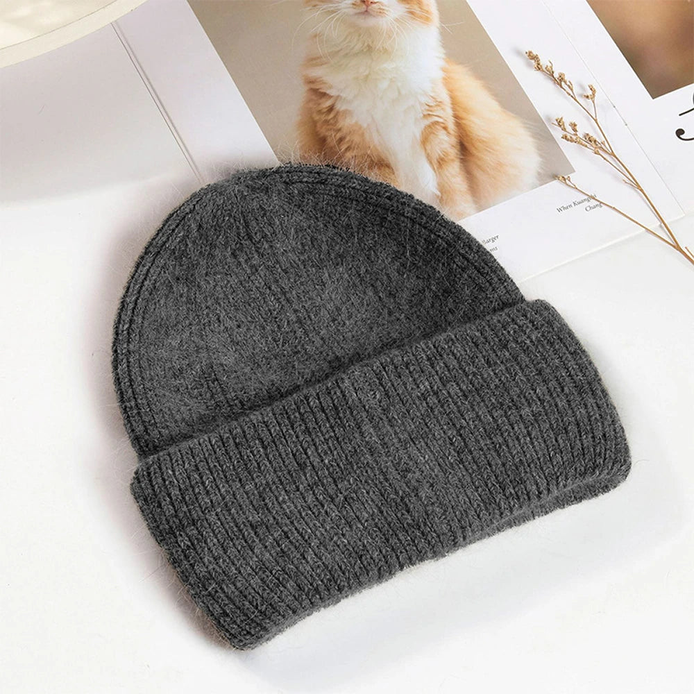 Knit Beanie Hat Real Angora Rabbit Fur Slouchy Skull Cap Winter Warm Stocking Hats