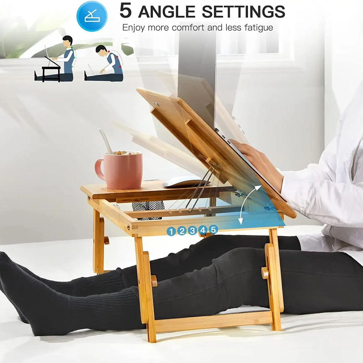 Foldable Bamboo Laptop Stand Adjustable 5-Height Tilt Riser with Docking Station for Desk