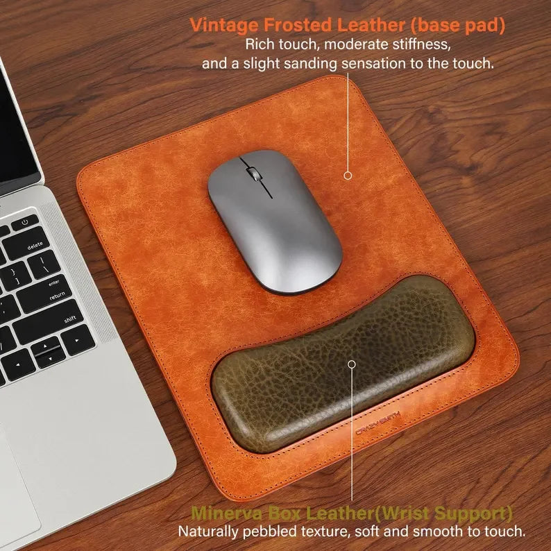 Vintage Frosted Leather Mouse Pad with Minerva Box Leather Wrist Rest, Ergonomic Desk Mat