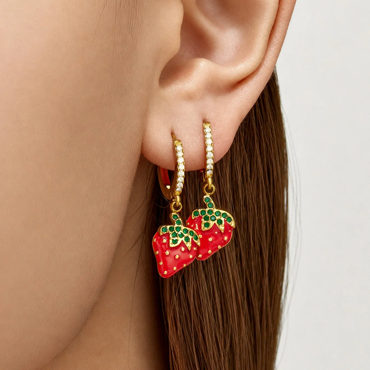 Playful Strawberry Enamel Huggie Earrings 316 Stainless Steel PVD 18K Gold Plated Non
