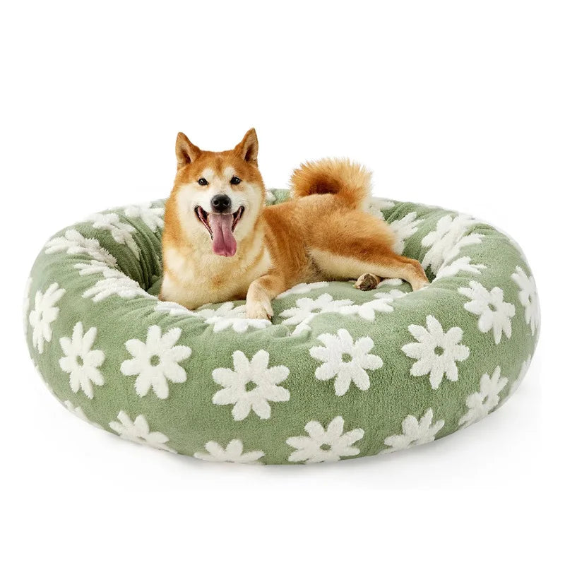 Plush Jacquard Shaggy Donut Dog Bed with Anti-Slip Base, Pink, S to XL