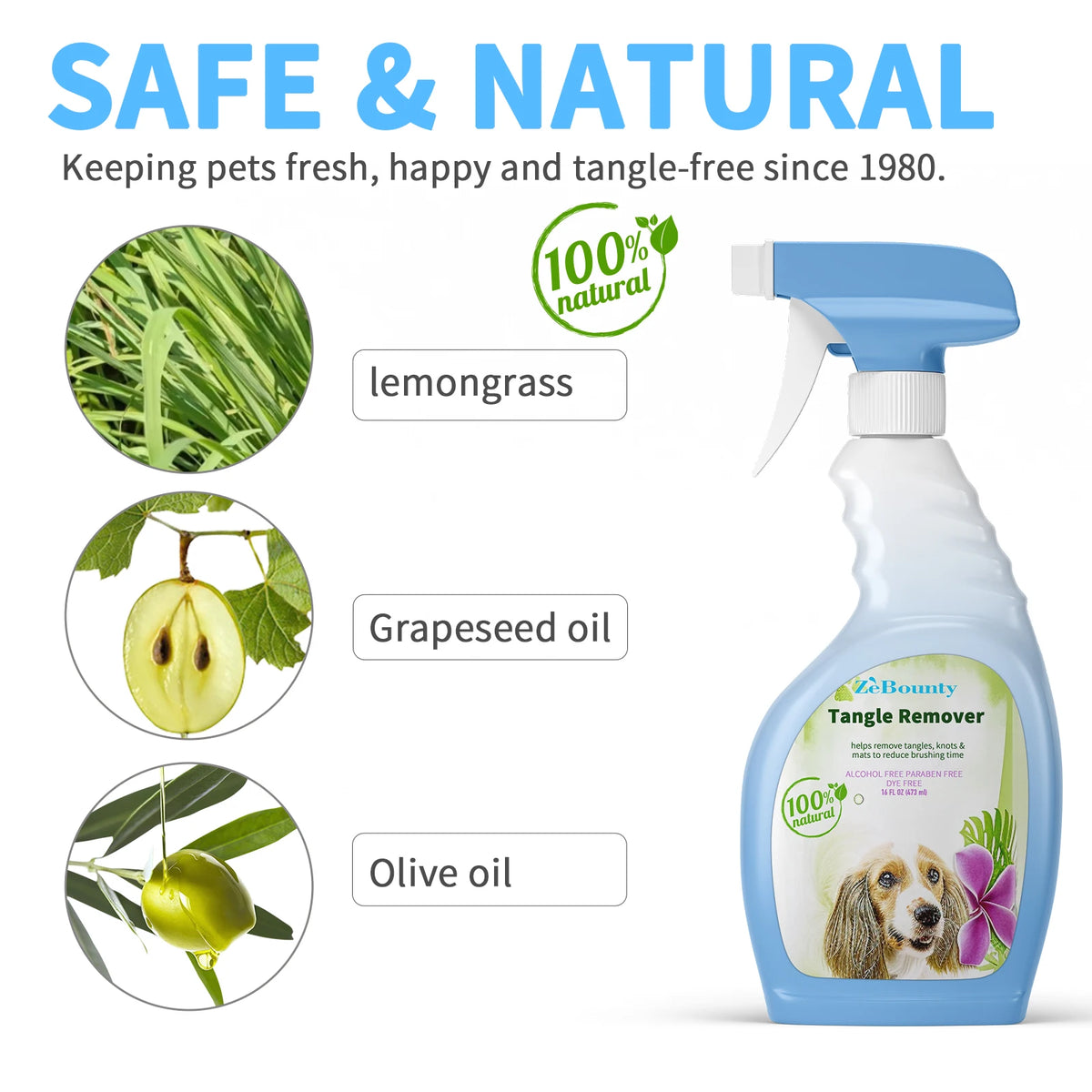 Quick Pets Grooming Spray Detangler Conditioner Tangled Fur Natural Lemongrass Formula