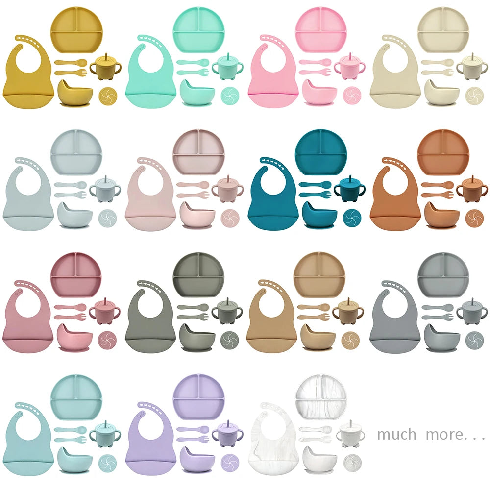 8pc Bebe Silicone Feeding Set Toddler Weaning Set Suction Bottom Infant Dining Tableware