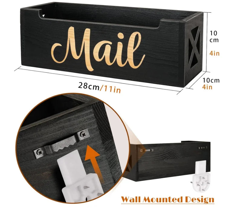 Rustic Black Wooden Mail Organizer Countertop Desk Mail Sorter Basket Letter Holder
