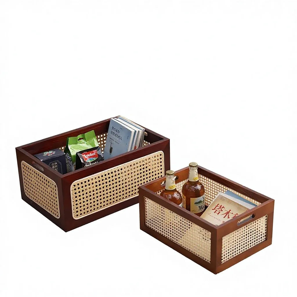 Japanese-Style Solid Wood Rattan Storage Basket Desktop Organizer CDs Stationery Books