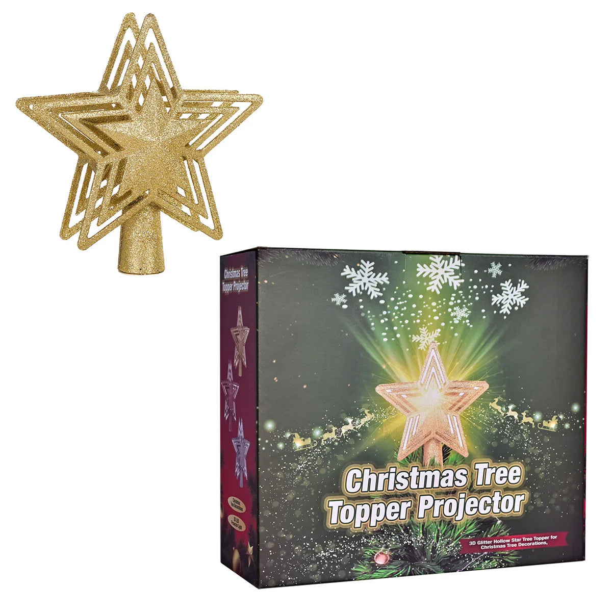 Christmas Tree Topper Star Light Projector Glitter Golden Star Tree Topper with Snowflake