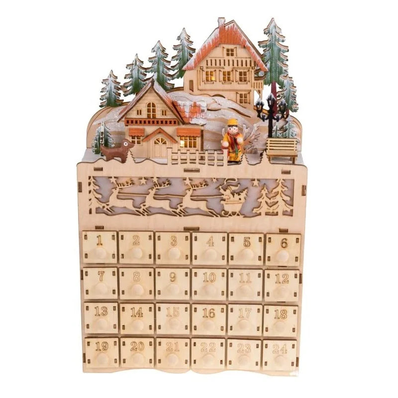 Creative Wooden Christmas Advent Calendar with 24 Opening Drawers and Led Light Family