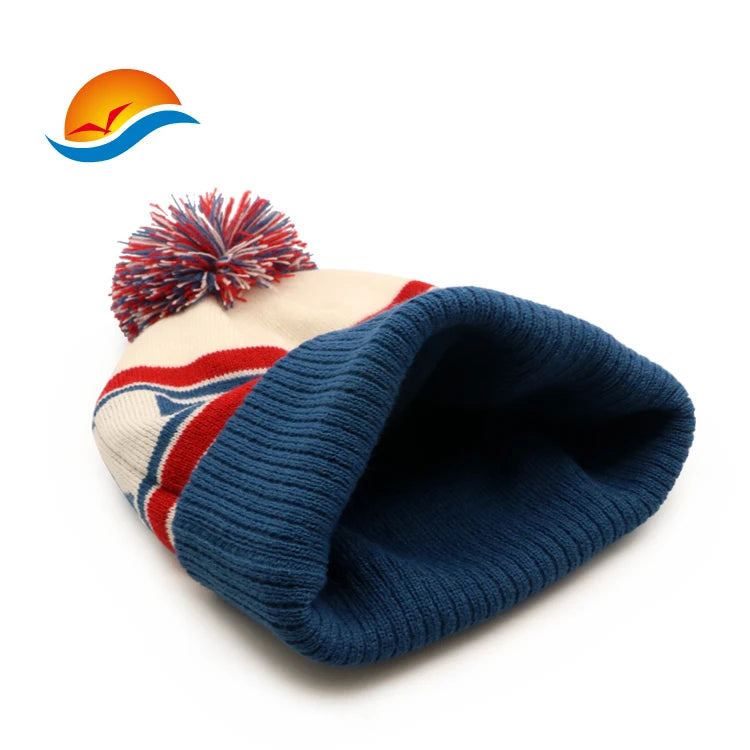 Custom Embroidered Jacquard Knitted Beanie Hat With Pom Pom Knitted Winter Hats