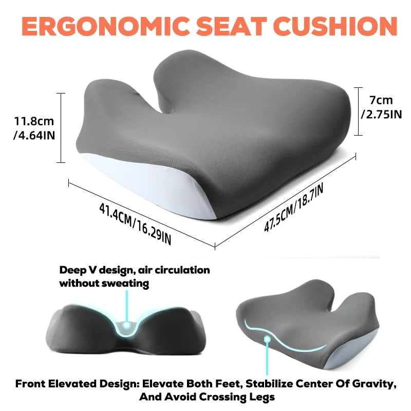 Ergonomic Memory Foam Seat Cushion with Coccyx Cut-Out for Office and Car