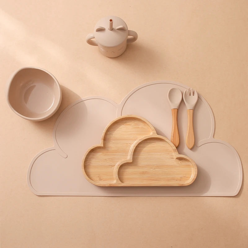 PGJ1201 Cartoon Design Silicone Baby Tableware Set Includes Plate Bowl Spoon Fork Sippy