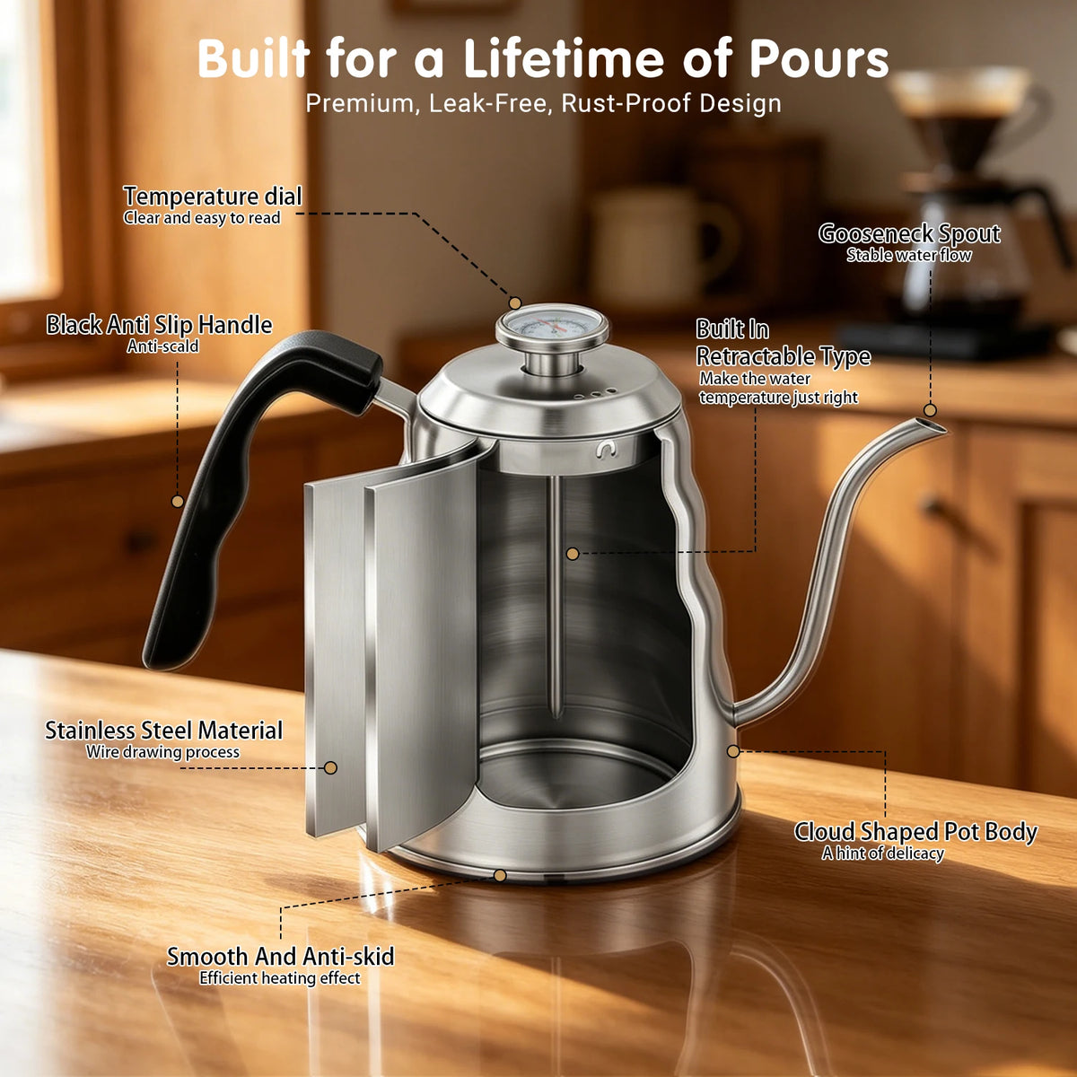 1200ml 304 Stainless Steel Gooseneck Pour Over Coffee Kettle with Built Thermometer