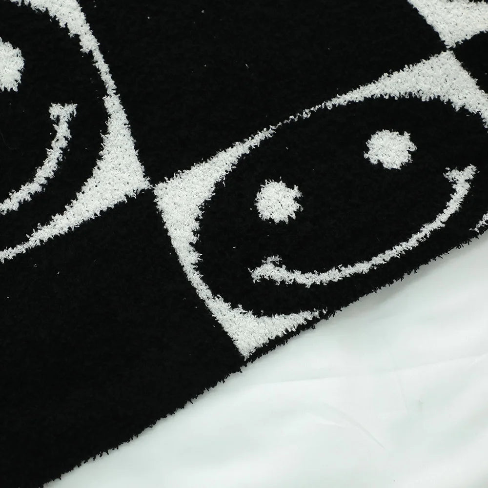 Customizable Smiley Face Double-Sided Thermal Knit Throw Chunky Black White Fleece Beach