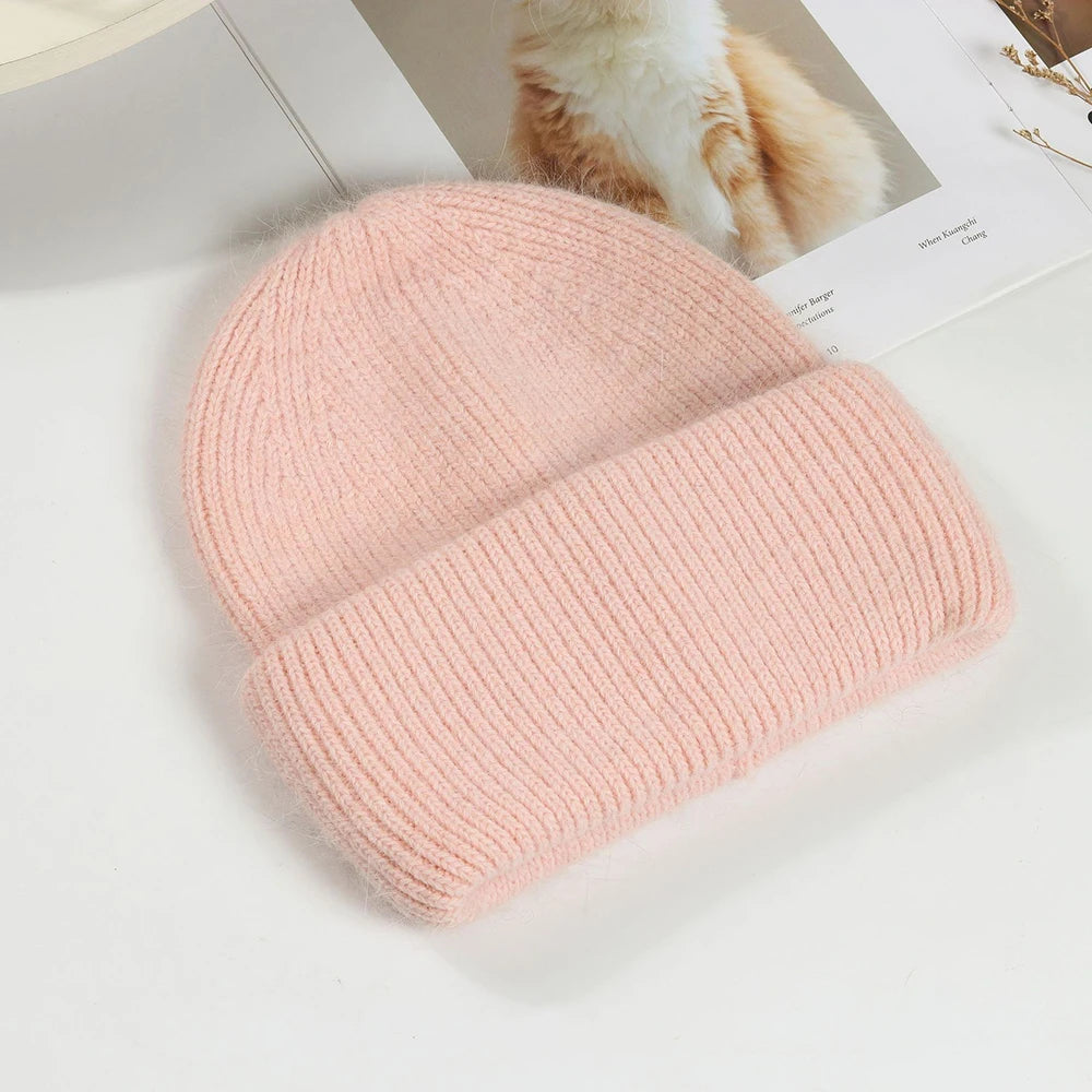 Knit Beanie Hat Real Angora Rabbit Fur Slouchy Skull Cap Winter Warm Stocking Hats