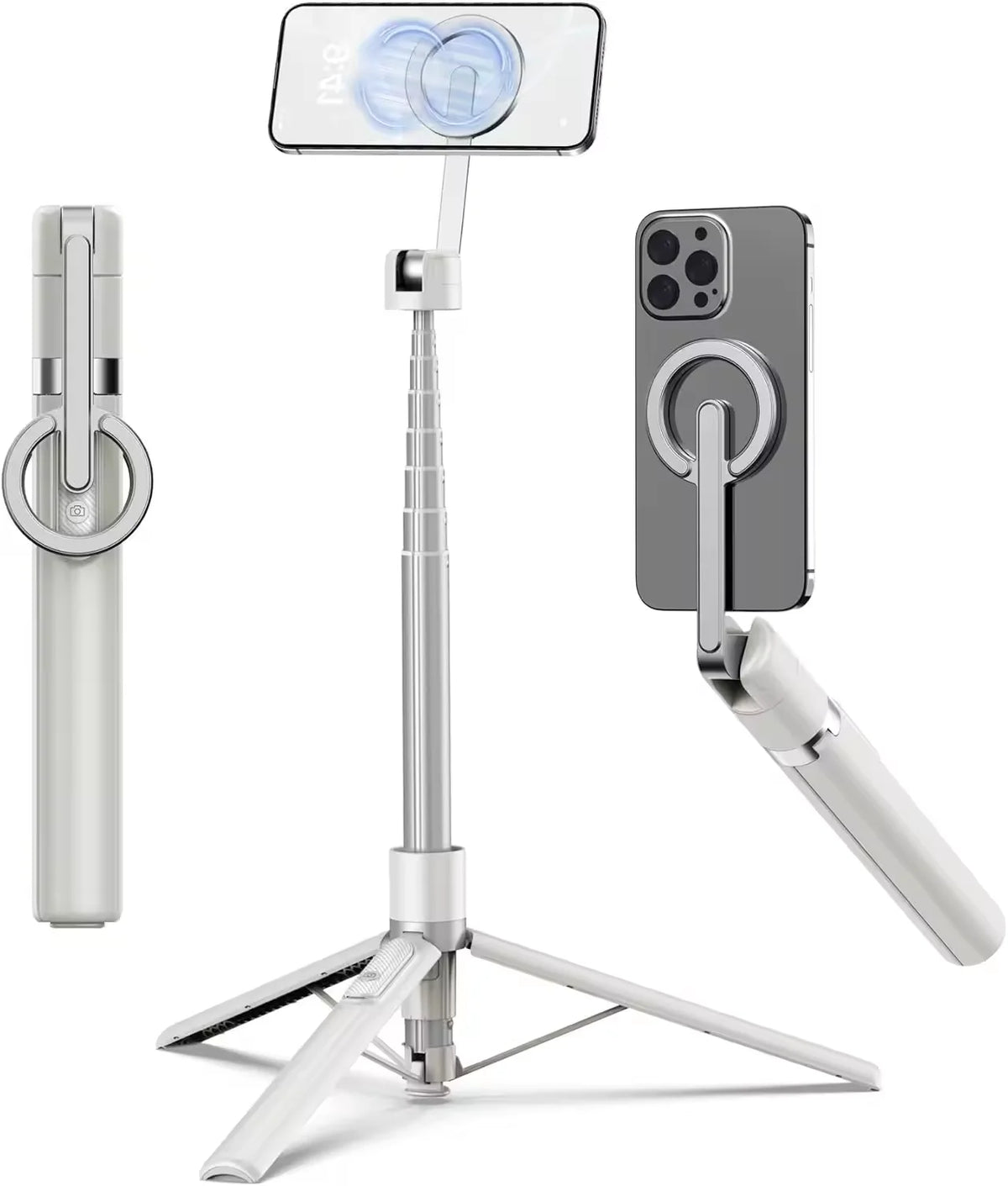 Magnetic Selfie Stick Tripod with Aluminum Phone Mount for Travel, White