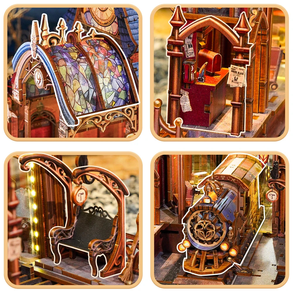 Tonecheer 3D Wooden Puzzle LED Magic Platform Detachable Train DIY Book Nook Kit