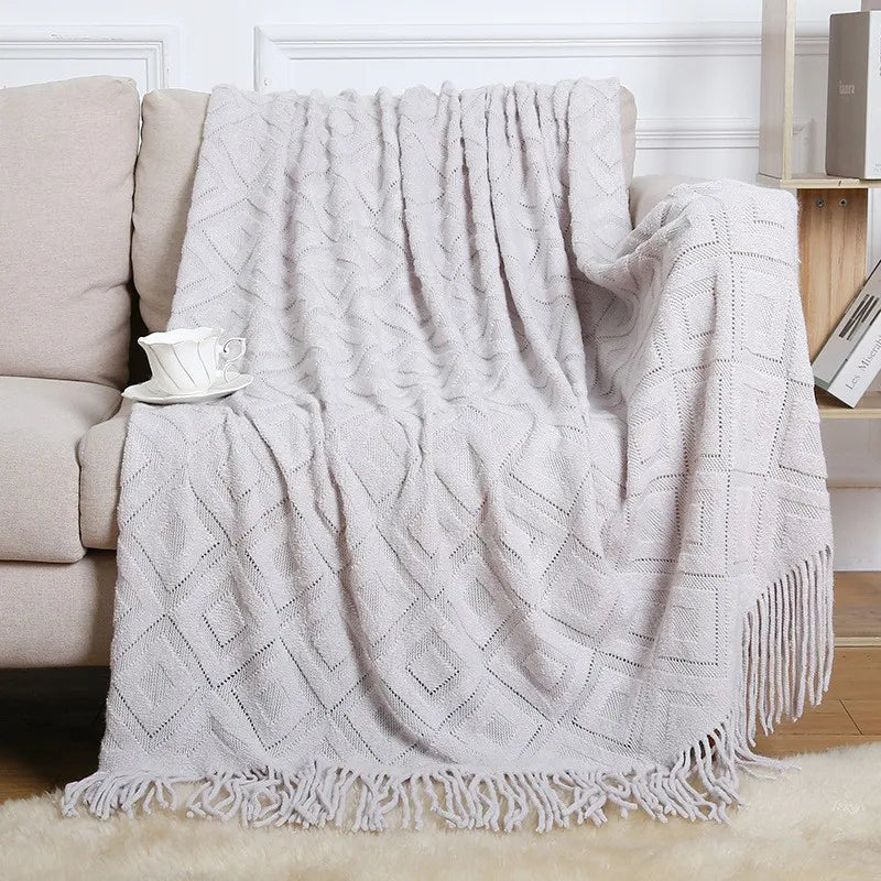 Chunky Knitted Blanket Sofa Throw Blanket With Tassels Weighted Blanket for Winter