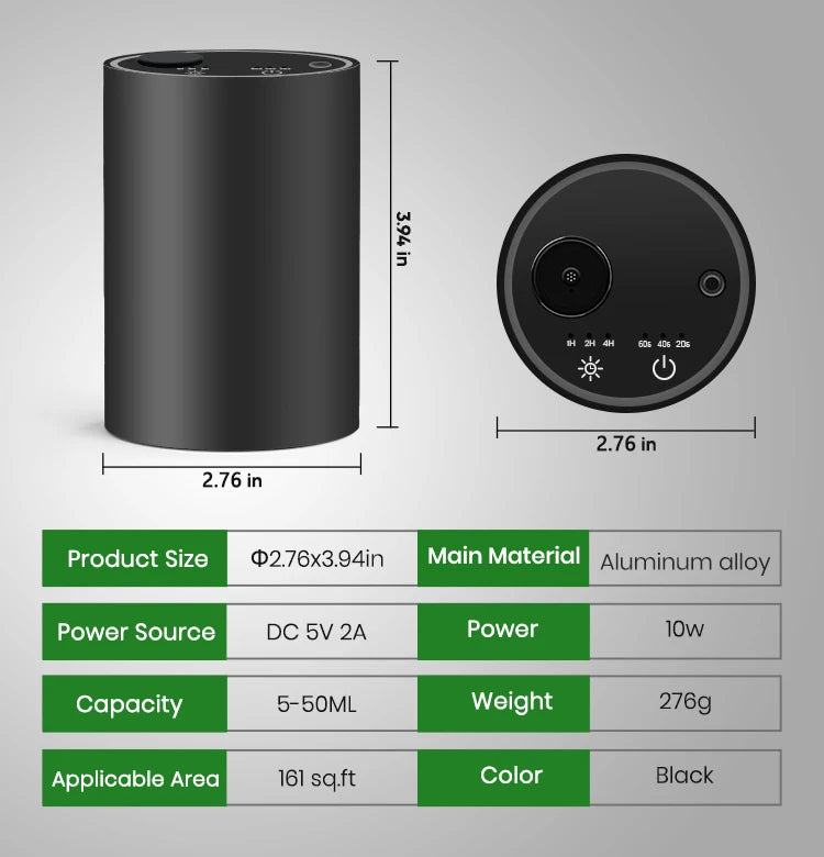 Aluminum Alloy Waterless Car Diffuser Smart Timer Control Nebulizer Diffuser for Car Home