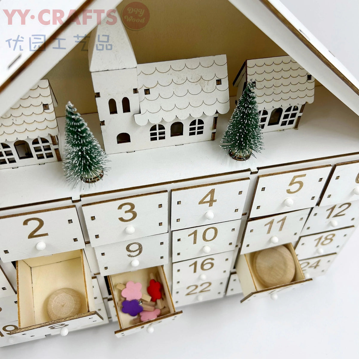 24 Day House Shaped Wooden Advent Calendar with 24 Drawer Box, Christmas Tree and LED