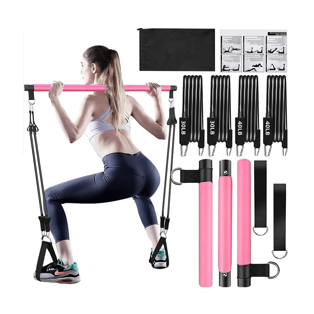 Home Gym Workout Equipment 3-Section Pilates Bar Kit with Resistance Bands Stackable