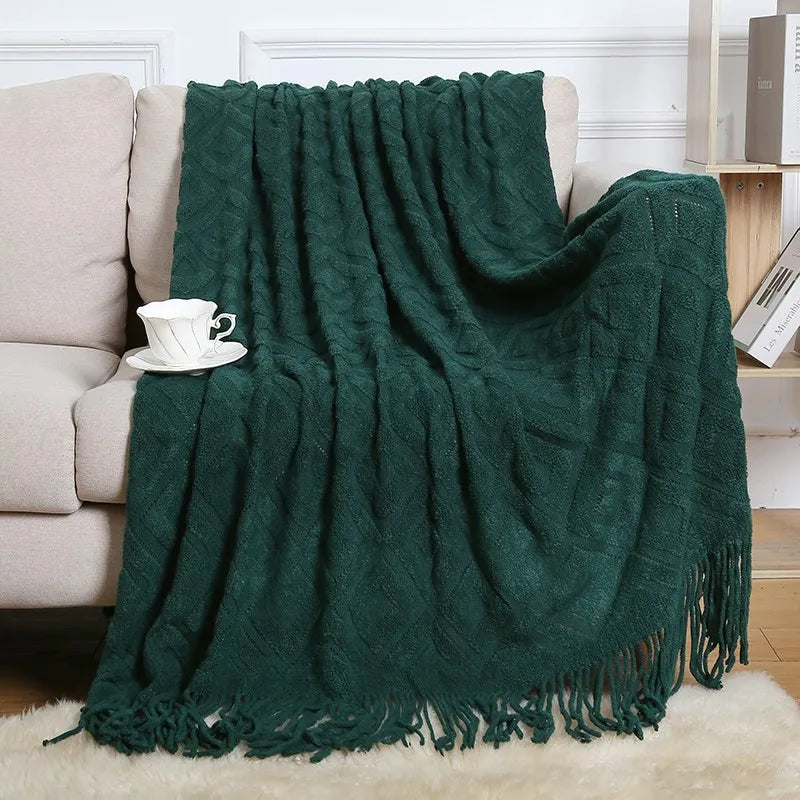 Chunky Knitted Blanket Sofa Throw Blanket With Tassels Weighted Blanket for Winter