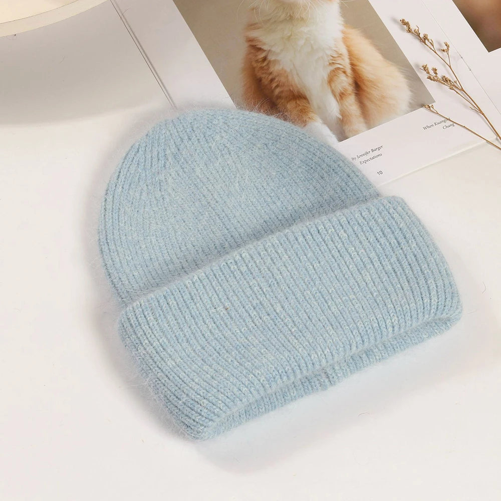 Knit Beanie Hat Real Angora Rabbit Fur Slouchy Skull Cap Winter Warm Stocking Hats