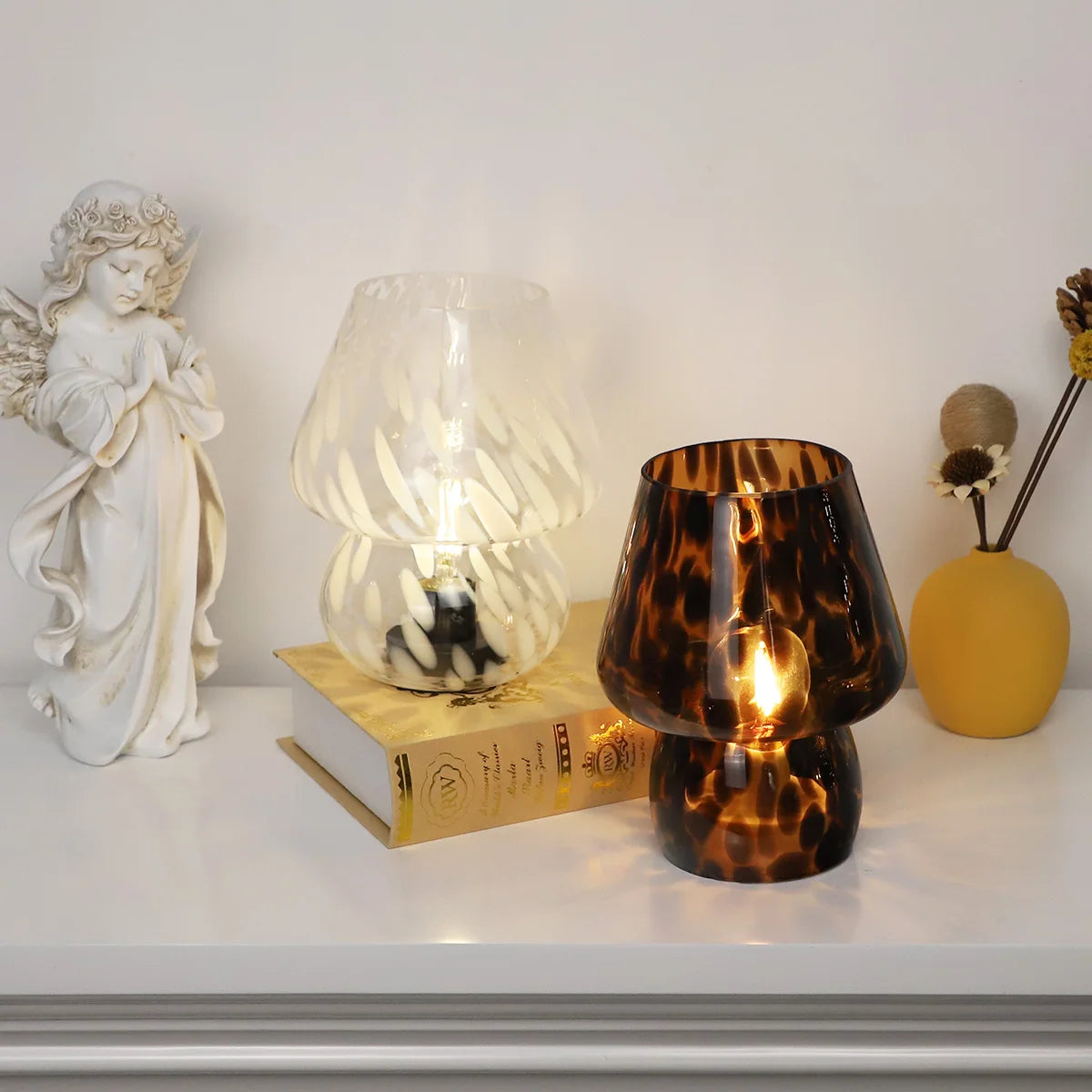 Hollow Blown Glass Leopard Print Mushroom Tabletop Reading Lamp Home Bedroom Elegant