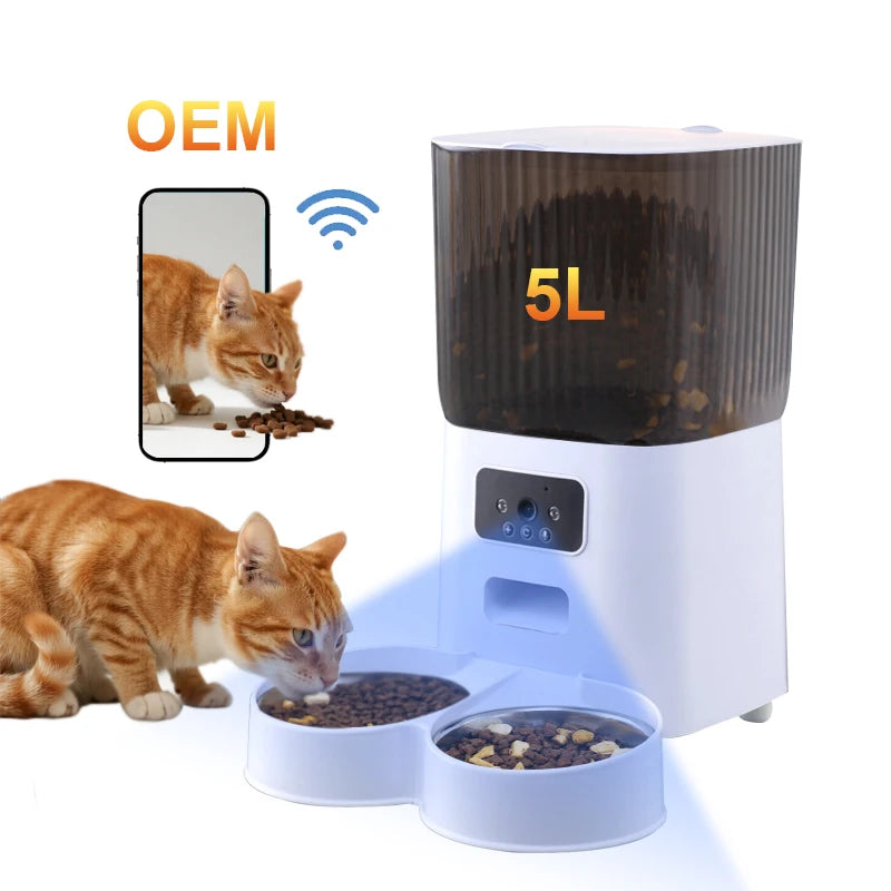 Automatic Cat Feeder with Camera 5L Dual Pet Timed Electric Smart APP Food Feeding