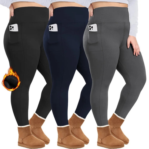 Plus Size Women Winter Fleece Lining Leggings High Waist Solid Casual Leggings Workout