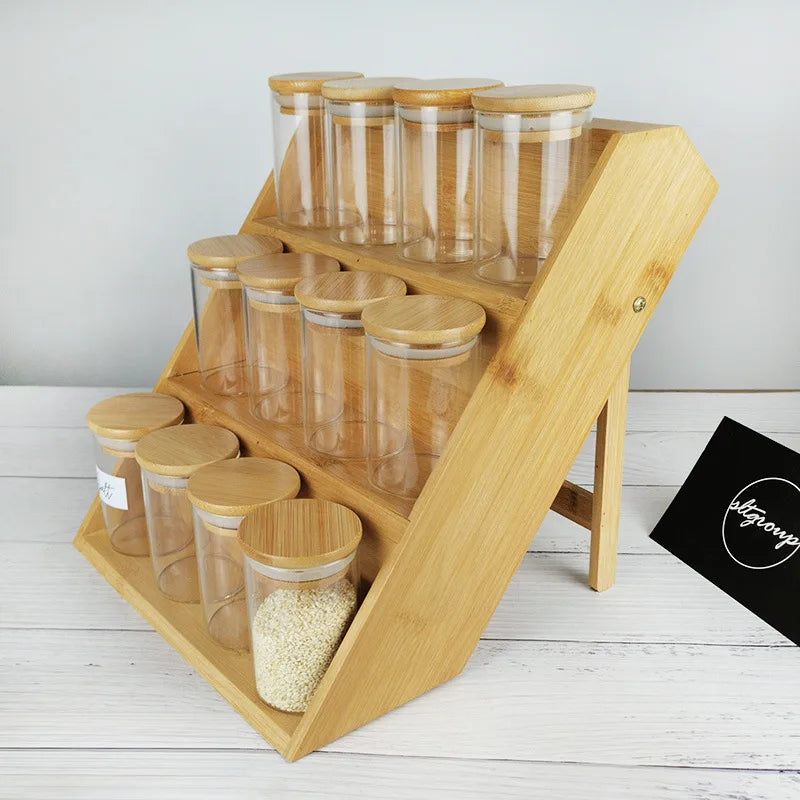 Square Spice Bottle Set Glass Jar with Bamboo Lid for Kitchen Storage Spice Container