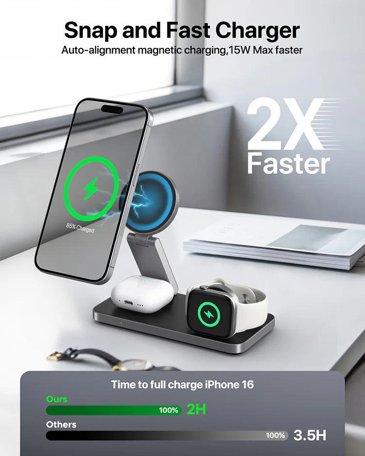 Wireless Charging Station 3 in 1 Fast Max Charging Charger Stand Foldable Wireless