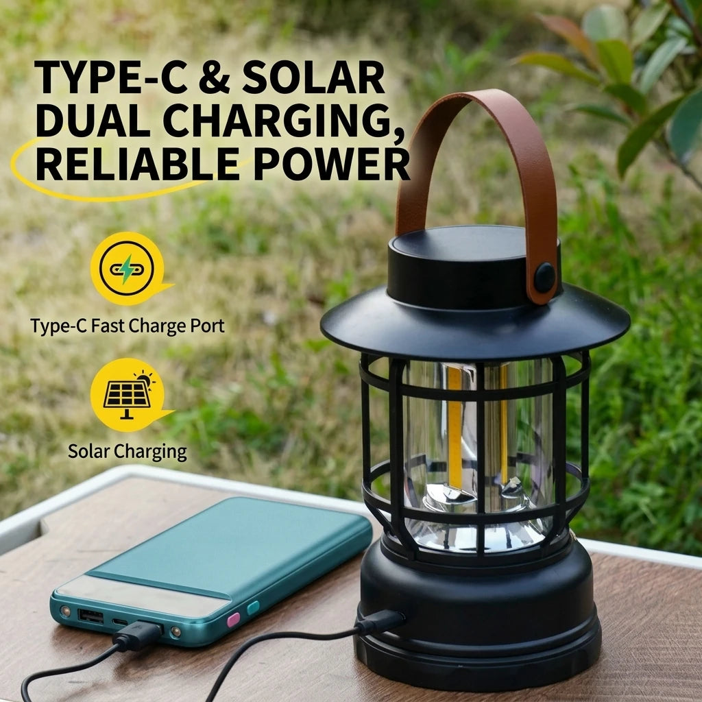 Solar LED Camping Lantern Vintage Rechargeable Outdoor Tent Lamp Stepless Dimming