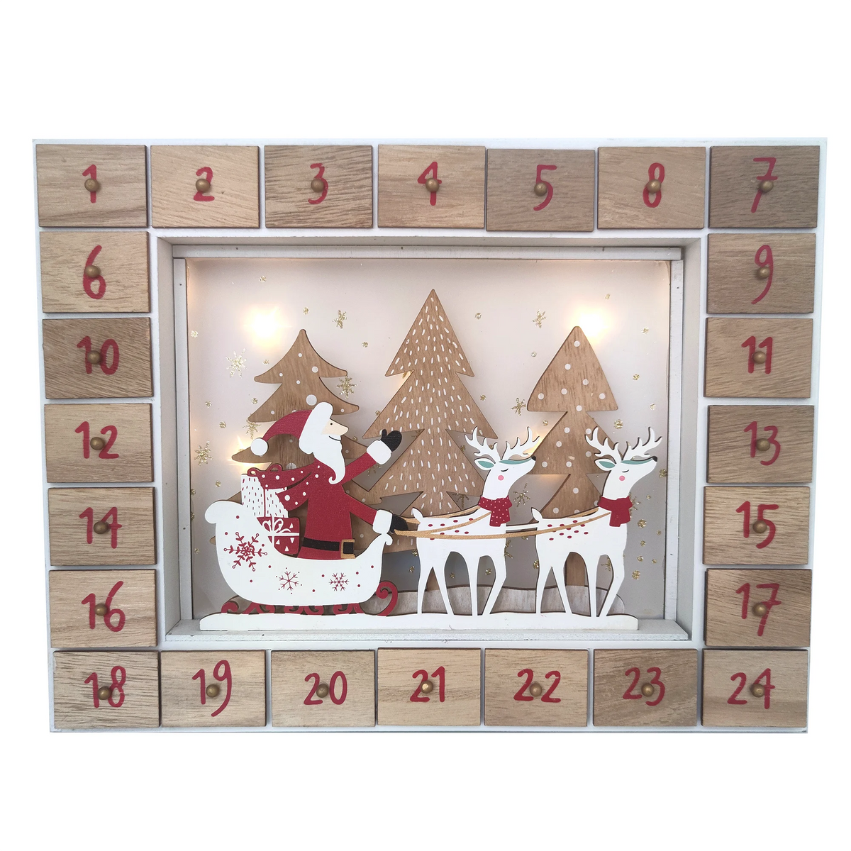 Handcrafted Wooden Christmas Countdown Advent Calendar Box LED Lighting Santa Reindeer