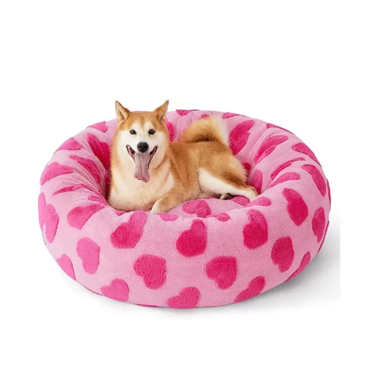 Plush Jacquard Shaggy Donut Dog Bed with Anti-Slip Base, Pink, S to XL