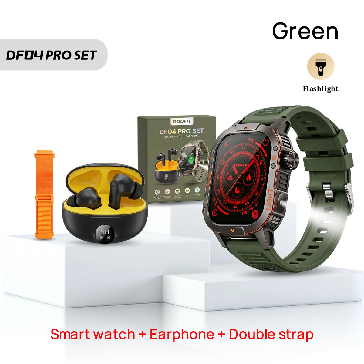 DF04 PRO Smart Watch Rugged SET Reloj Inteligente Dual Straps Outdoor Sport Flashlight